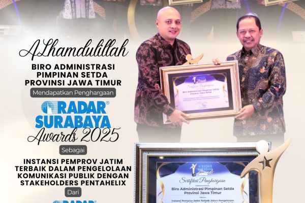 Berhasil Kelola Komunikasi Publik Pentahelix, Biro Adpim Jatim Raih Penghargaan Radar Surabaya Awards 2025 Kategori Instansi Terbaik